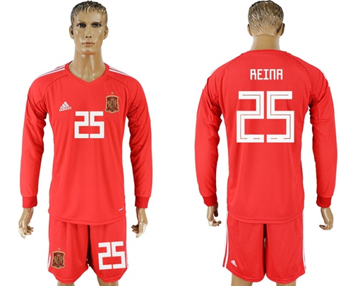 Spain #25 Reina Red Long Sleeves Goalkeeper Soccer Country Jersey